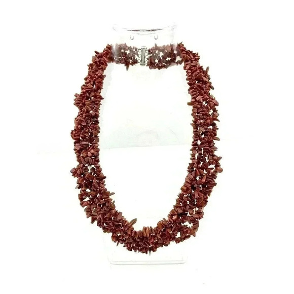 VTG Set Brown Goldstone Speckle Chips Cluster Necklace with Bracelet‎ 925 WJ 18